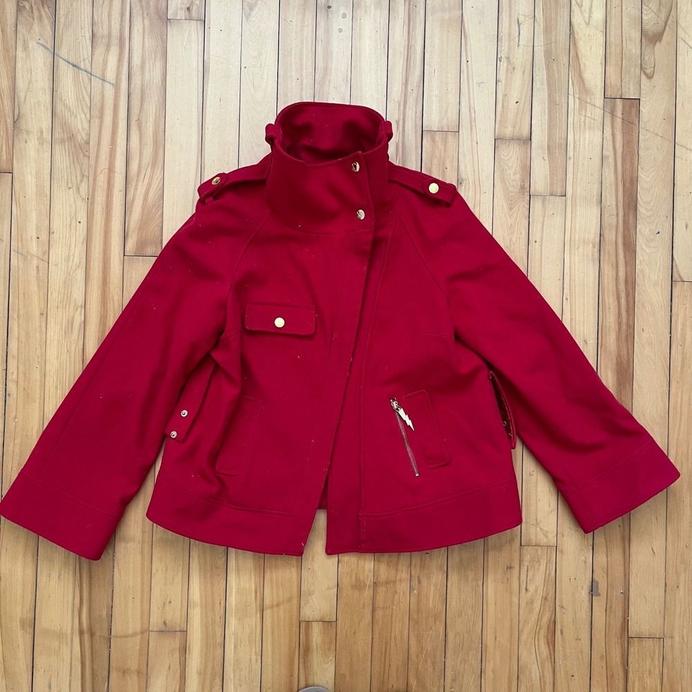 Betsey Johnson Red Wool Blend Military Style Jacket Gold Hardware Zipper Detail